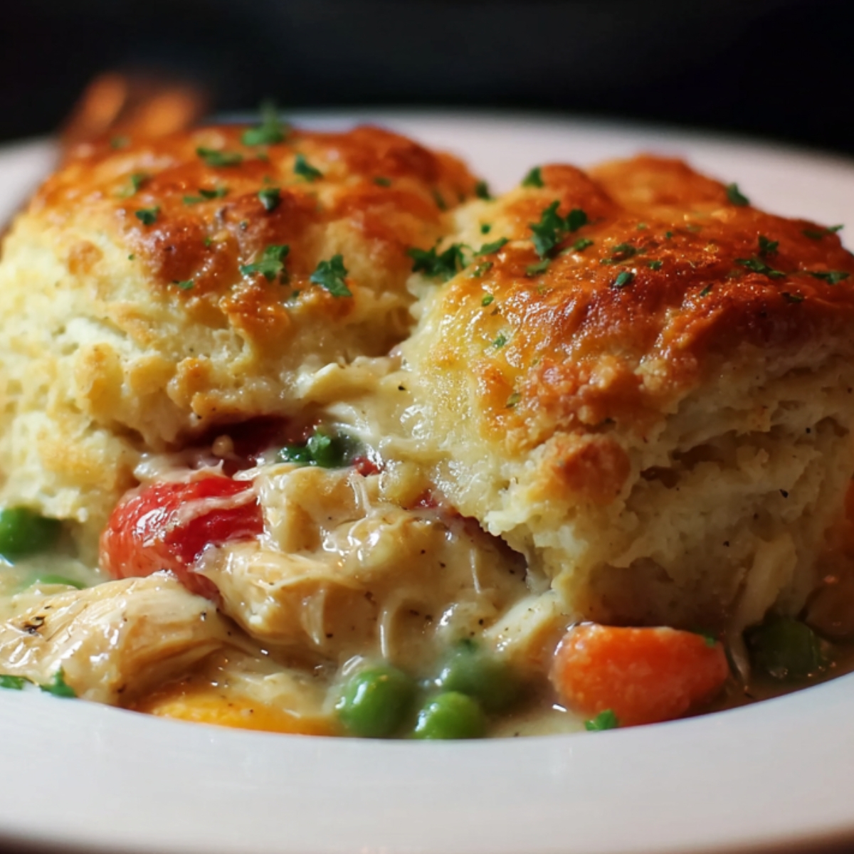 “Serving of Red Lobster Biscuit Chicken Pot Pie with golden biscuits on top of creamy chicken and vegetable filling.”