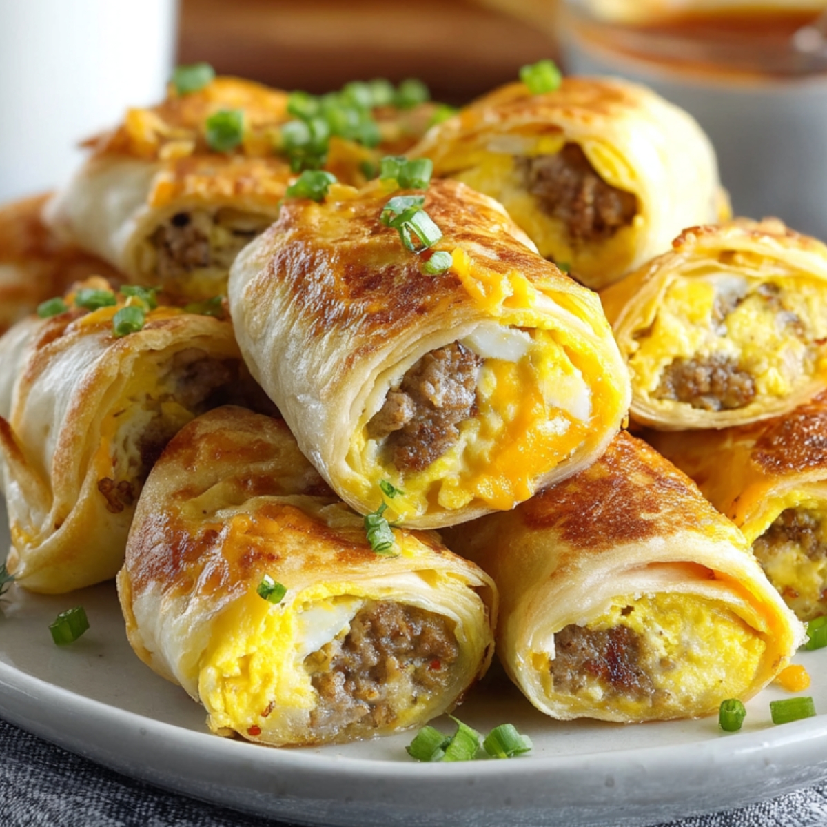 “Golden breakfastSausage Egg Breakfast Roll-Ups filled with scrambled eggs, sausage, and melted cheese, topped with chopped green onions.”