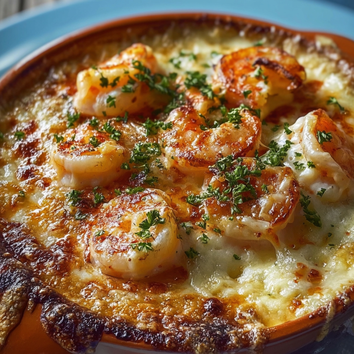 “Baked seafood gratin topped with golden-brown cheese, shrimp, and scallops, garnished with fresh parsley.”