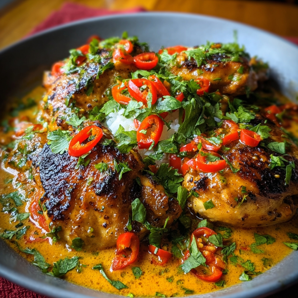 Spicy Brazilian Coconut Chicken pieces in a creamy, orange-hued coconut sauce topped with sliced red chili peppers and fresh cilantro, served alongside white rice.