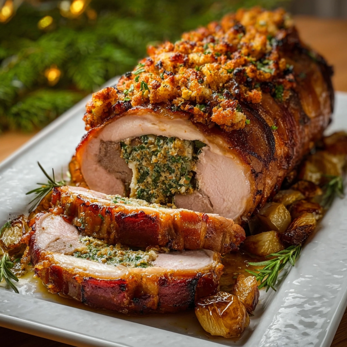 “Sliced stuffed pork roast filled with spinach and breadcrumb mixture, topped with crispy crust and surrounded by roasted potatoes and herbs.”