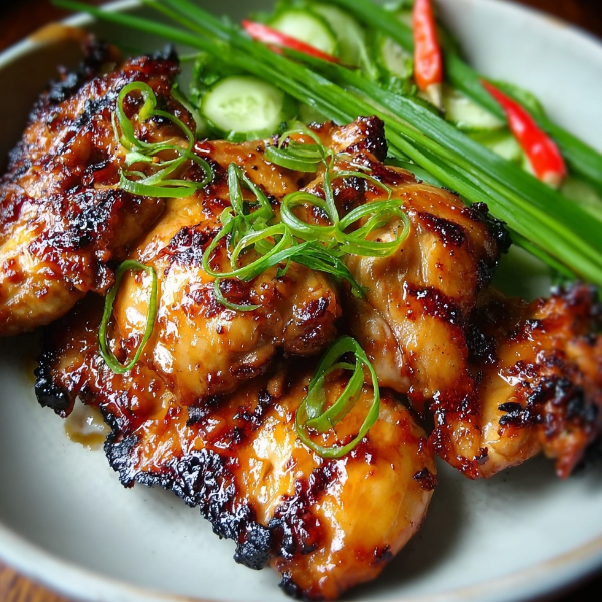 Bowl of marinated Vietnamese Grilled Chicken pieces mixed with chopped herbs, red onion slices, and olive oil dressing.
