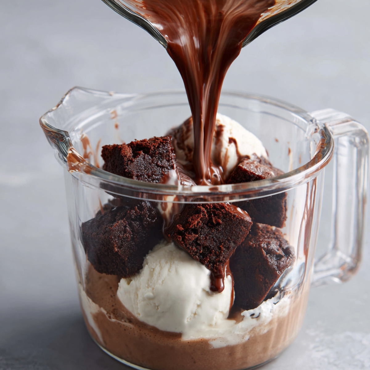 “Rich melted chocolate being poured over brownies and vanilla ice cream in a blender for a brownie milkshake.”