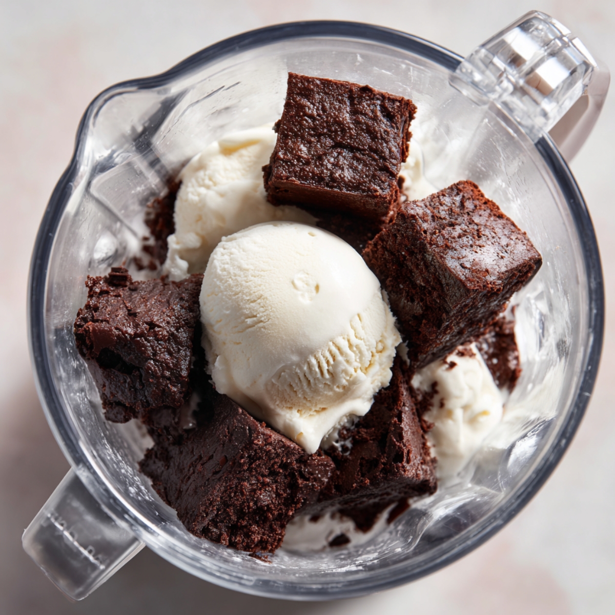 “Top view of brownies and scoops of vanilla ice cream in a blender ready to be mixed into a milkshake.”