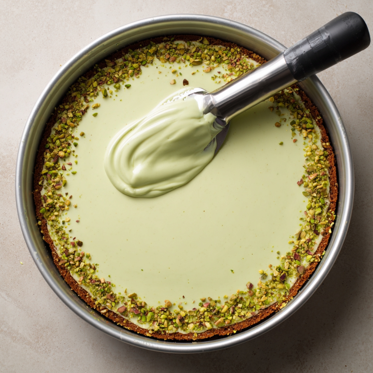 “A creamy pistachio cheesecake filling being spread in a pan with a metal spatula, surrounded by crushed pistachios along the crust edge.”