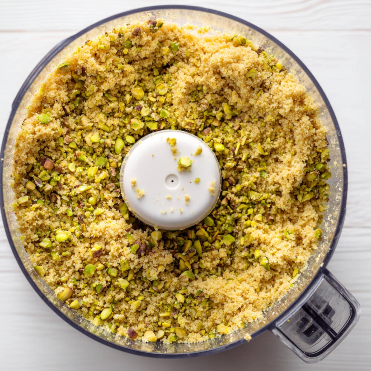 “Ground pistachios and cookie crumbs blended together in a food processor to make a cheesecake crust mixture.”