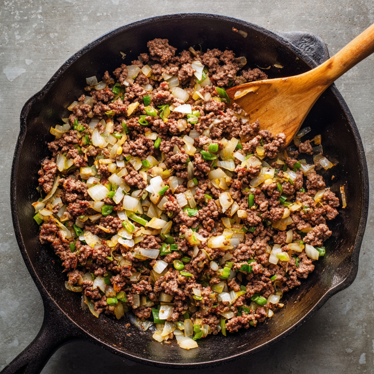 “Cast-iron skillet filled with browned ground beef, diced onions, and green bell peppers being sautéed with a wooden spoon.”