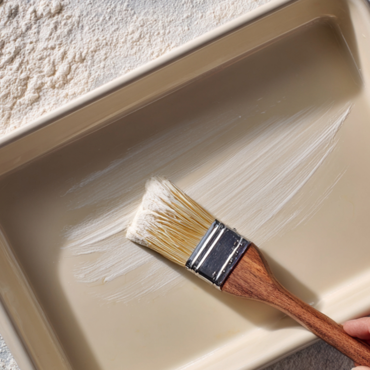 “Close-up of a hand brushing melted butter or oil onto a baking dish with a pastry brush, with flour sprinkled nearby.”