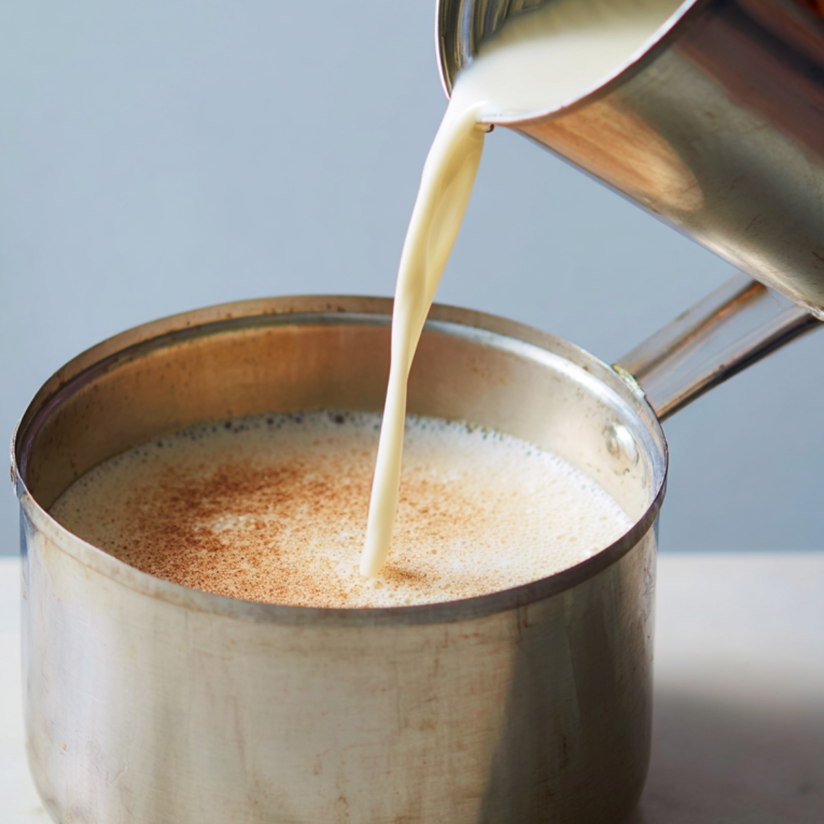 “Warm milk being poured from a saucepan into another pot containing frothed milk with a sprinkle of cinnamon on top.”