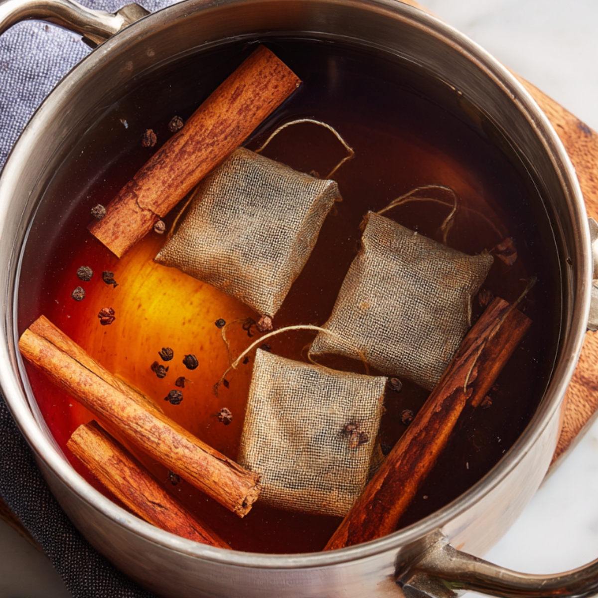 “Spiced tea steeping in a pot with tea bags, cinnamon sticks, and black peppercorns floating in dark amber liquid.”