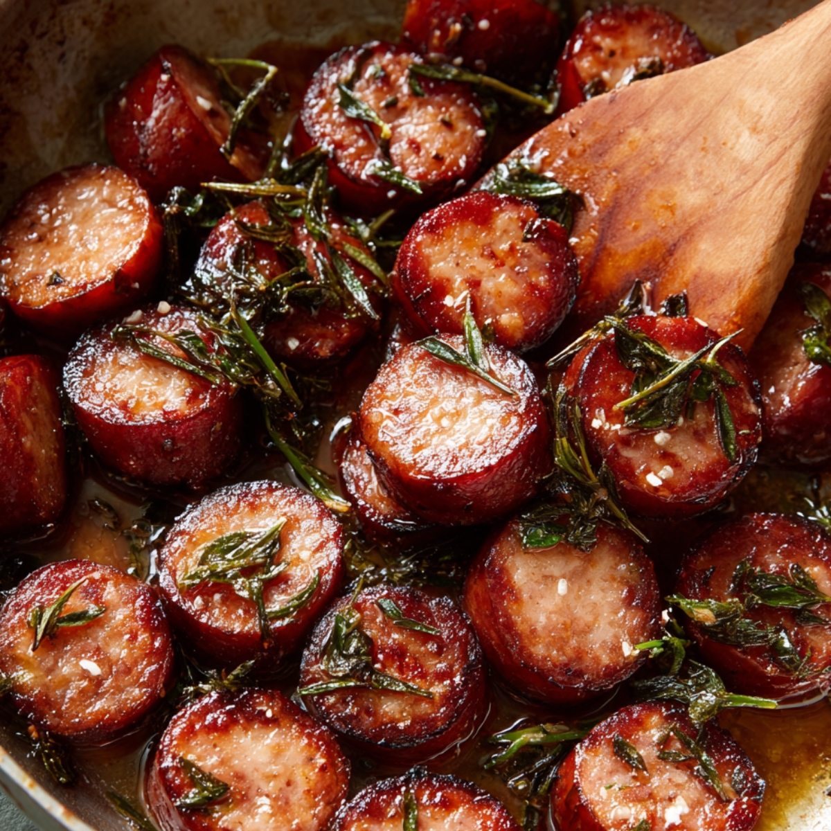 Glazed smoked sausage slices in a pan with herbs and garlic, coated in a glossy sauce, being stirred with a wooden spoon.
