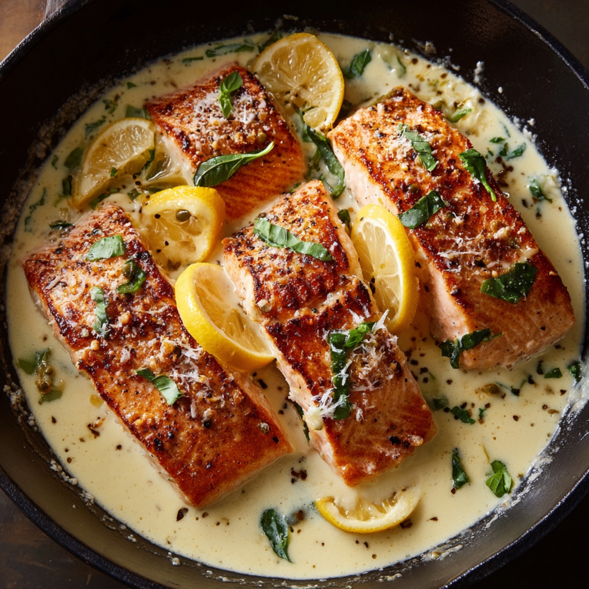 “Creamy Tuscan salmon in a skillet with seared salmon fillets, lemon slices, and creamy garlic sauce garnished with basil.”