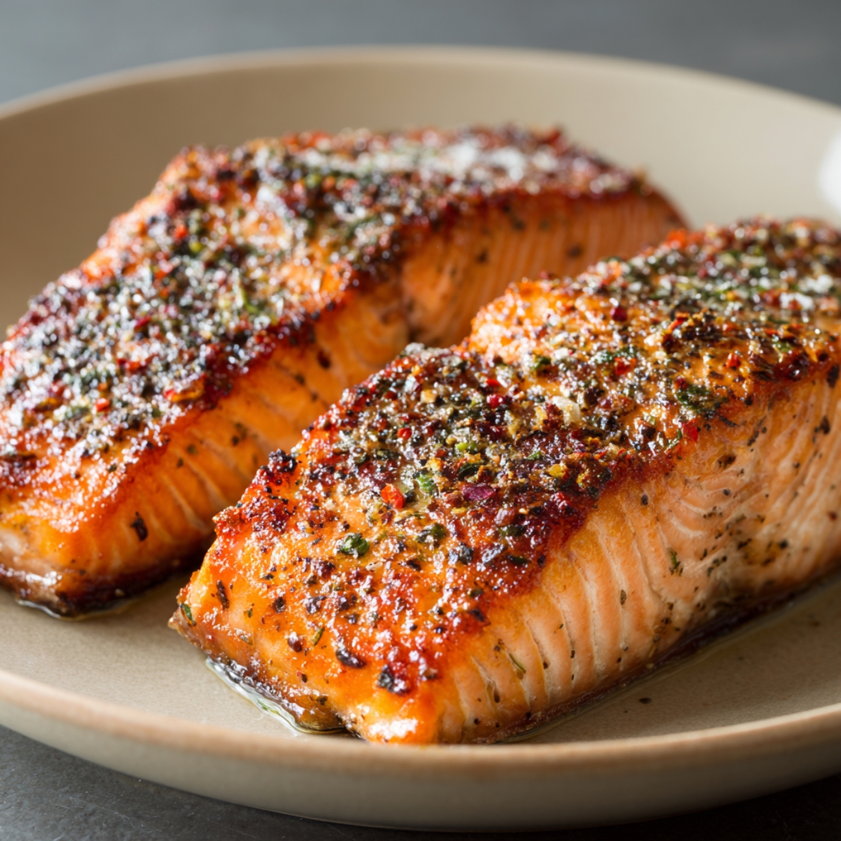 “Two pieces of seared salmon with crispy, seasoned skin served on a beige plate.”