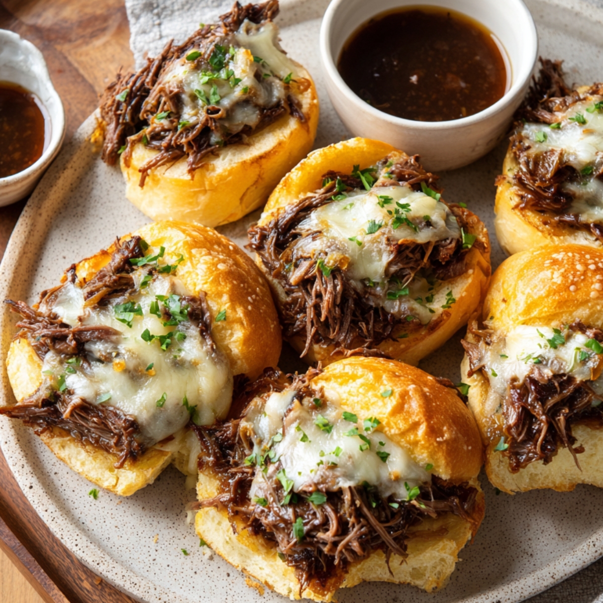 “Plate of small French dip sandwiches made with shredded beef, melted cheese, and chopped parsley on toasted rolls, served with a bowl of au jus dipping sauce.”