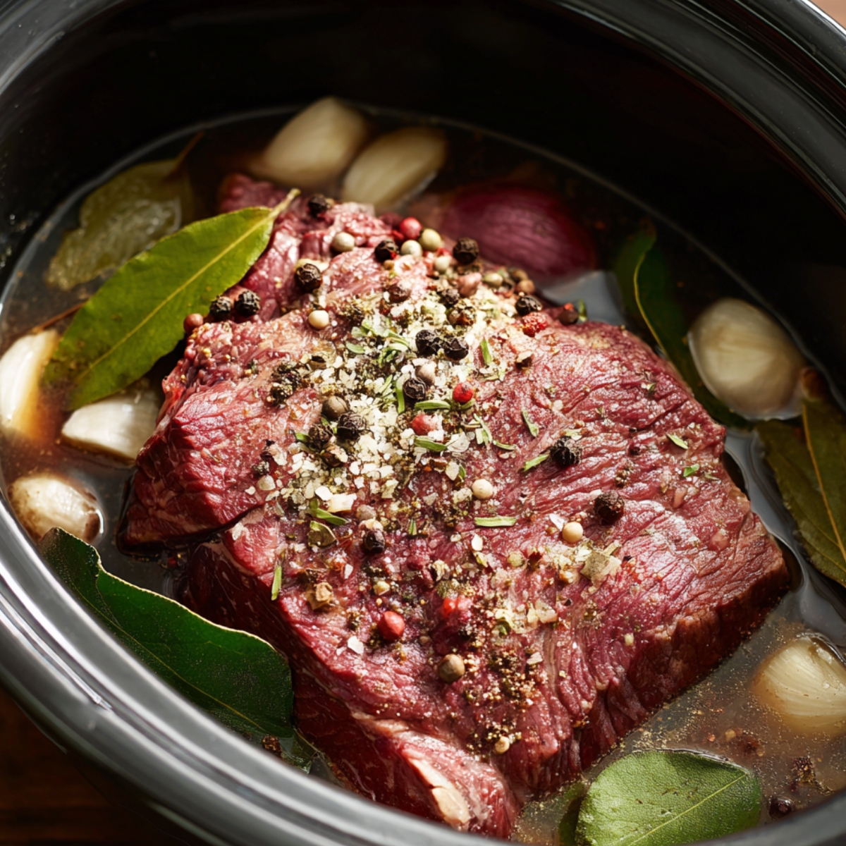 “Raw beef roast in a slow cooker with onions, bay leaves, black peppercorns, and herbs, submerged in broth ready for cooking.”