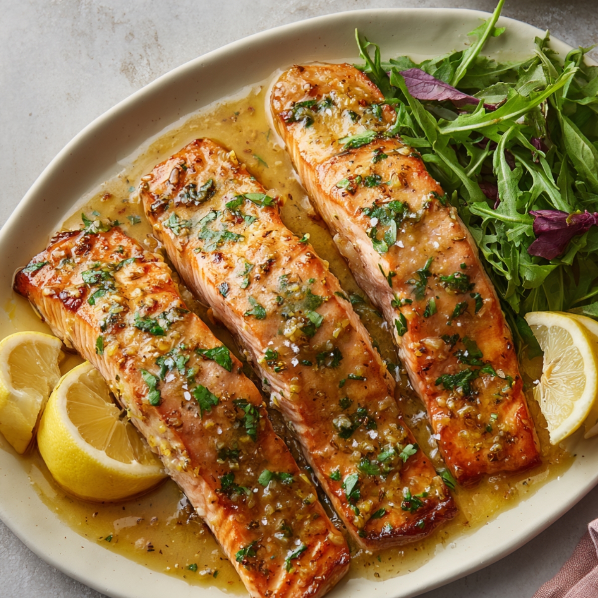 “Plate of garlic butter salmon fillets topped with herbs and sauce, served with lemon wedges and a side of greens.”