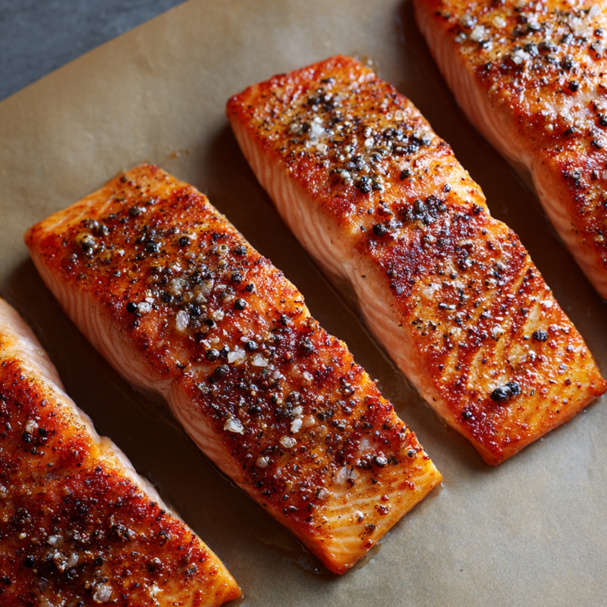 “Seasoned salmon fillets with salt, pepper, and spices arranged on parchment paper before cooking.”