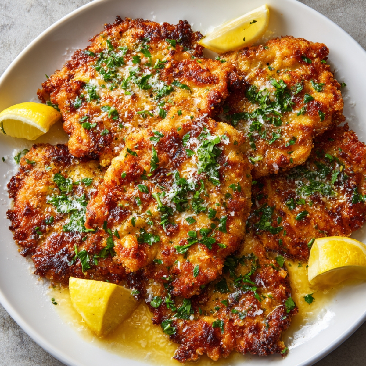“Plate of crispy garlic Parmesan chicken cutlets topped with herbs and grated cheese, served with lemon wedges.”