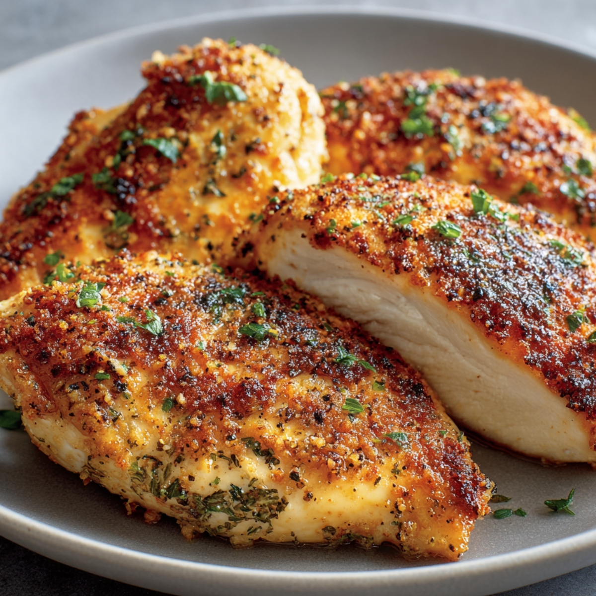 “Close-up of golden brown garlic Parmesan chicken breasts garnished with chopped parsley on a gray plate.”