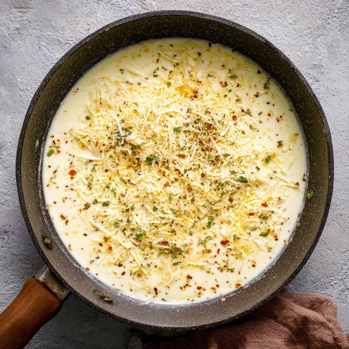 “Pan of freshly made garlic parmesan sauce topped with shredded cheese, herbs, and red pepper flakes.”