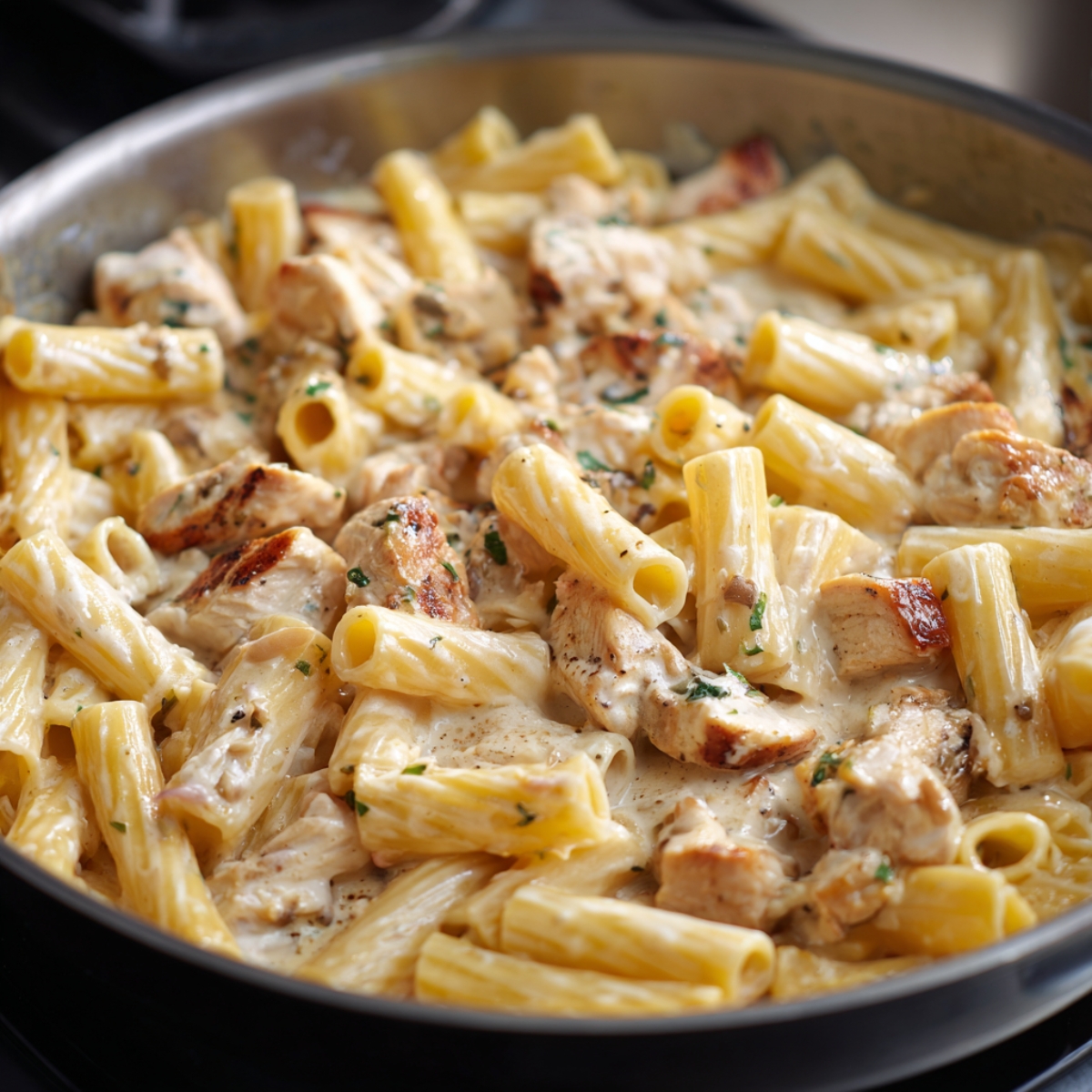 “Creamy garlic parmesan chicken pasta in a skillet with rigatoni noodles and grilled chicken pieces coated in rich white sauce.”