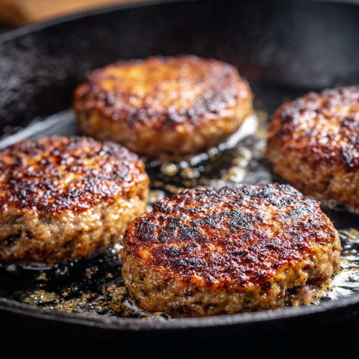 “Juicy hamburger patties sizzling in a cast iron skillet with a golden brown crust.”