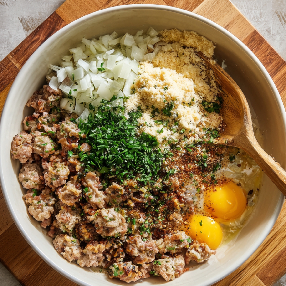 “Mixing bowl filled with ground meat, chopped onions, eggs, breadcrumbs, and herbs ready to make burger patties.”