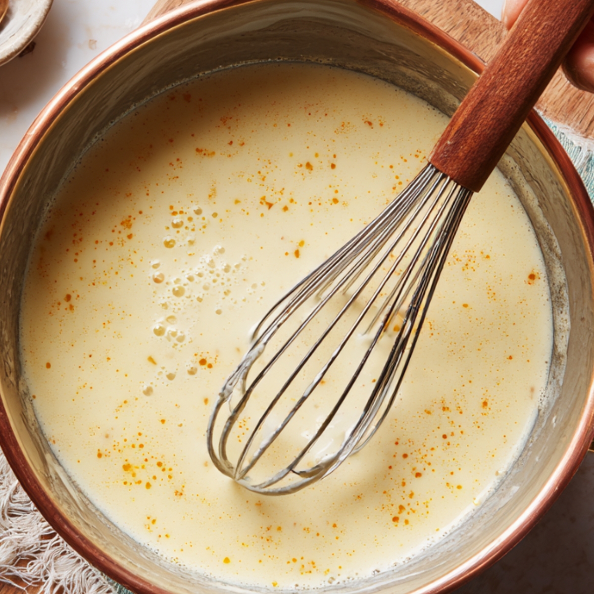 “A bowl of creamy yellow coconut marinade with orange flecks, being whisked with a metal whisk.”