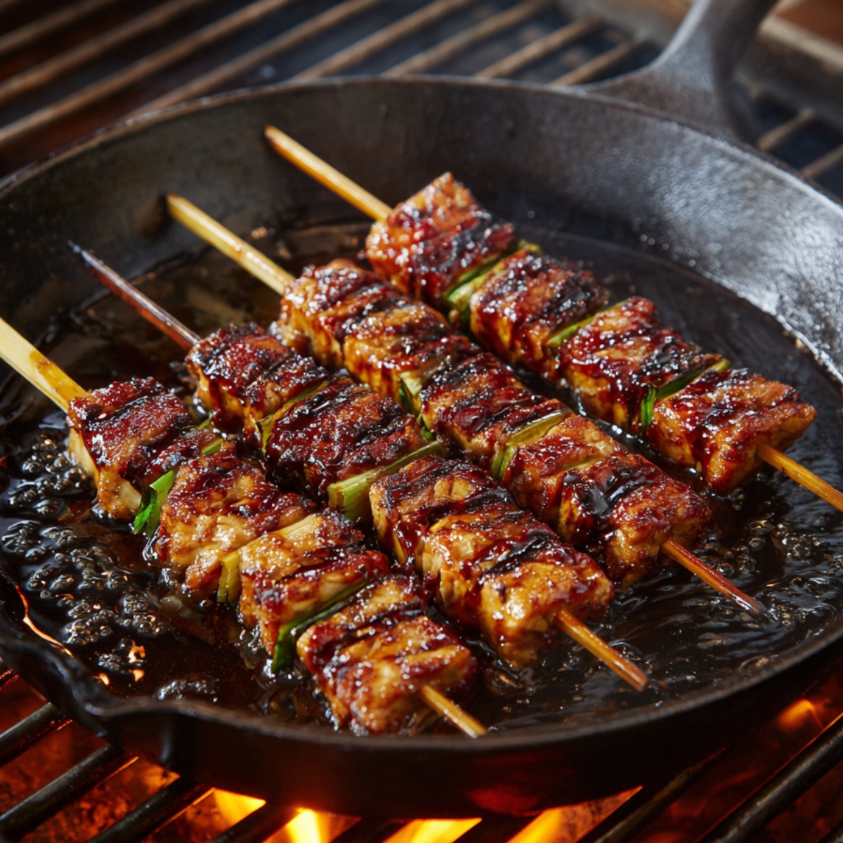 “Skewers of grilled meat coated in a glossy, caramelized glaze cooking in a cast-iron pan over open flames.”