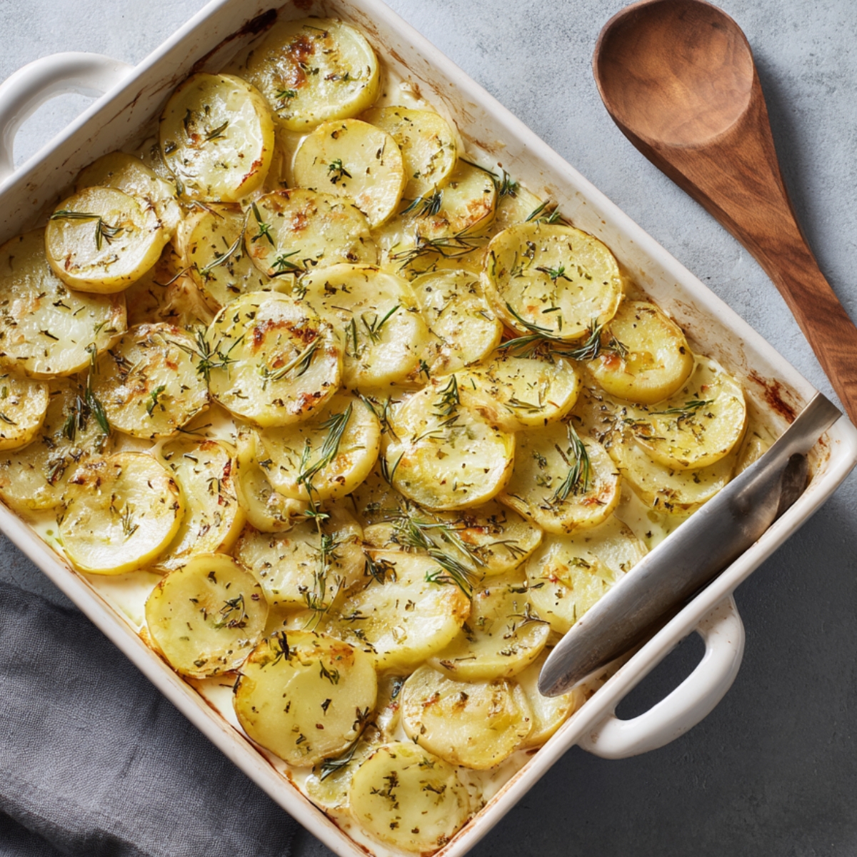 “Baking dish with sliced potatoes baked in cream and herbs, topped with fresh rosemary and thyme, with a serving spoon on the side.”
