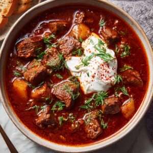 “Traditional Hungarian goulash in a bowl with tender beef chunks, potatoes, and rich red broth, topped with sour cream and fresh dill.”