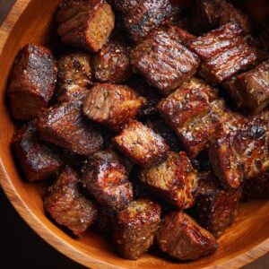 “Close-up of browned, seasoned beef cubes in a wooden bowl, perfectly seared and ready for goulash.”