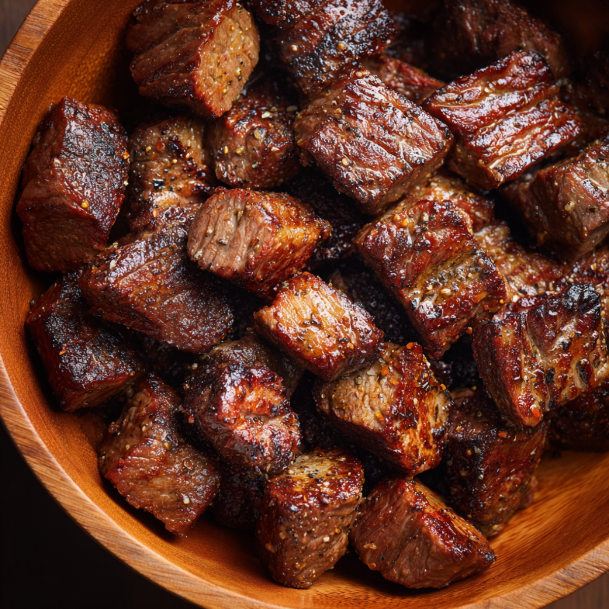 “Close-up of browned, seasoned beef cubes in a wooden bowl, perfectly seared and ready for goulash.”