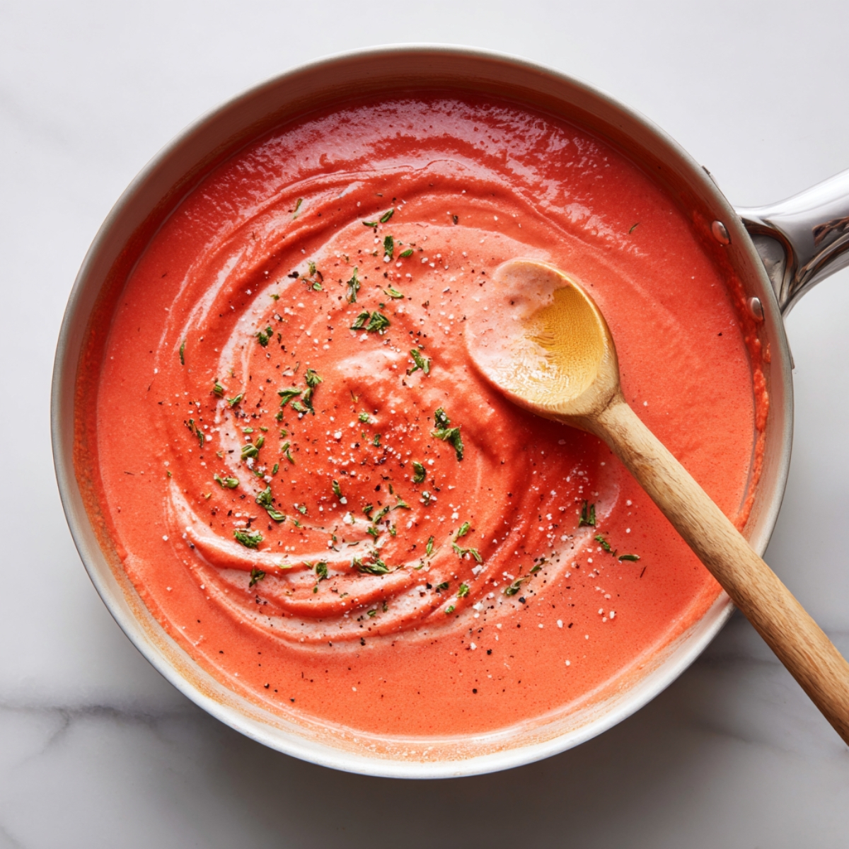 “Creamy Italian pink sauce in a pan, swirled with a wooden spoon and sprinkled with herbs, salt, and pepper.”