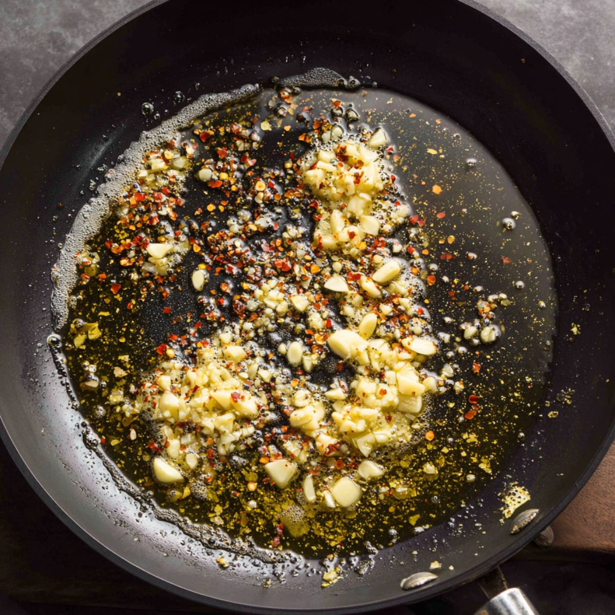 “Minced garlic and red pepper flakes sizzling in olive oil in a black skillet, creating the flavorful base for the sauce.”