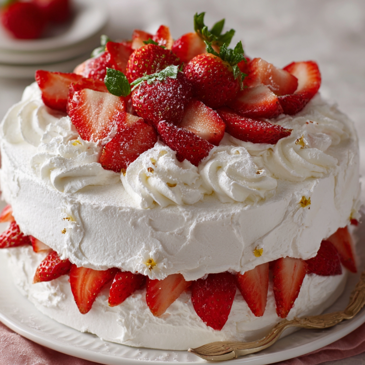 “Layered Japanese strawberry sponge cake covered in whipped cream and topped with fresh strawberries and mint leaves.”