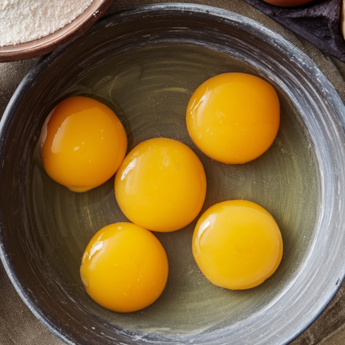 “Five egg yolks in a mixing bowl, ready to be used for making sponge cake batter.”