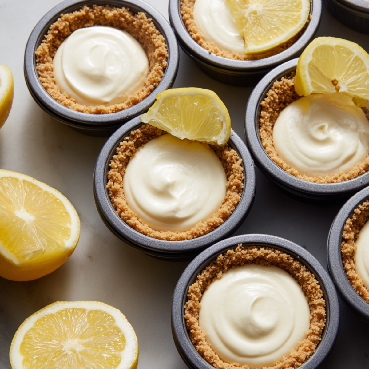 “Mini lemon cheesecakes in graham cracker crusts, topped with lemon slices, arranged on a marble surface.”