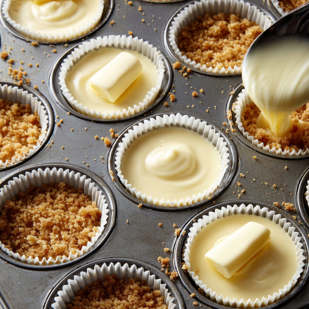 “Process of making mini lemon cheesecakes in a muffin tin with graham cracker crust and creamy lemon filling being poured in.”
