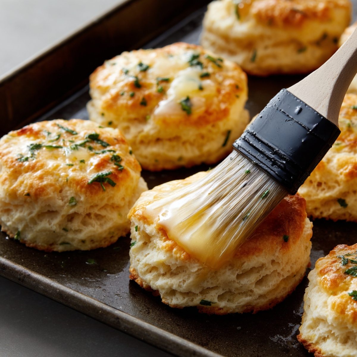 “Freshly baked Red Lobster-style biscuits brushed with melted butter and herbs on a baking tray.”