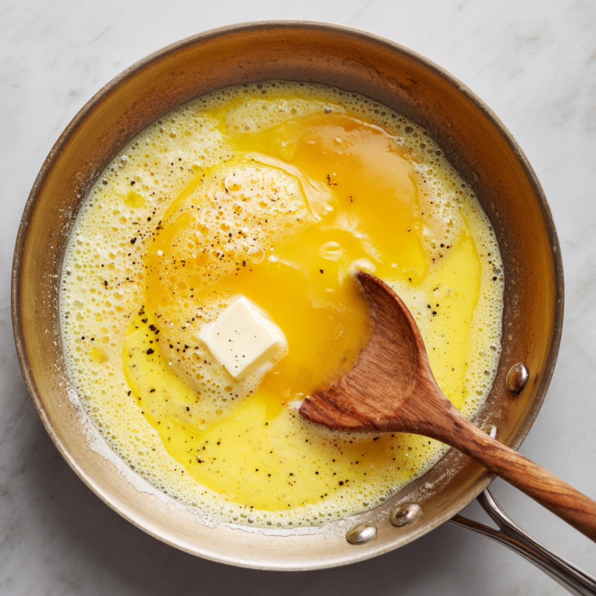 “Eggs cooking in a skillet with melted butter and black pepper, stirred with a wooden spoon.”