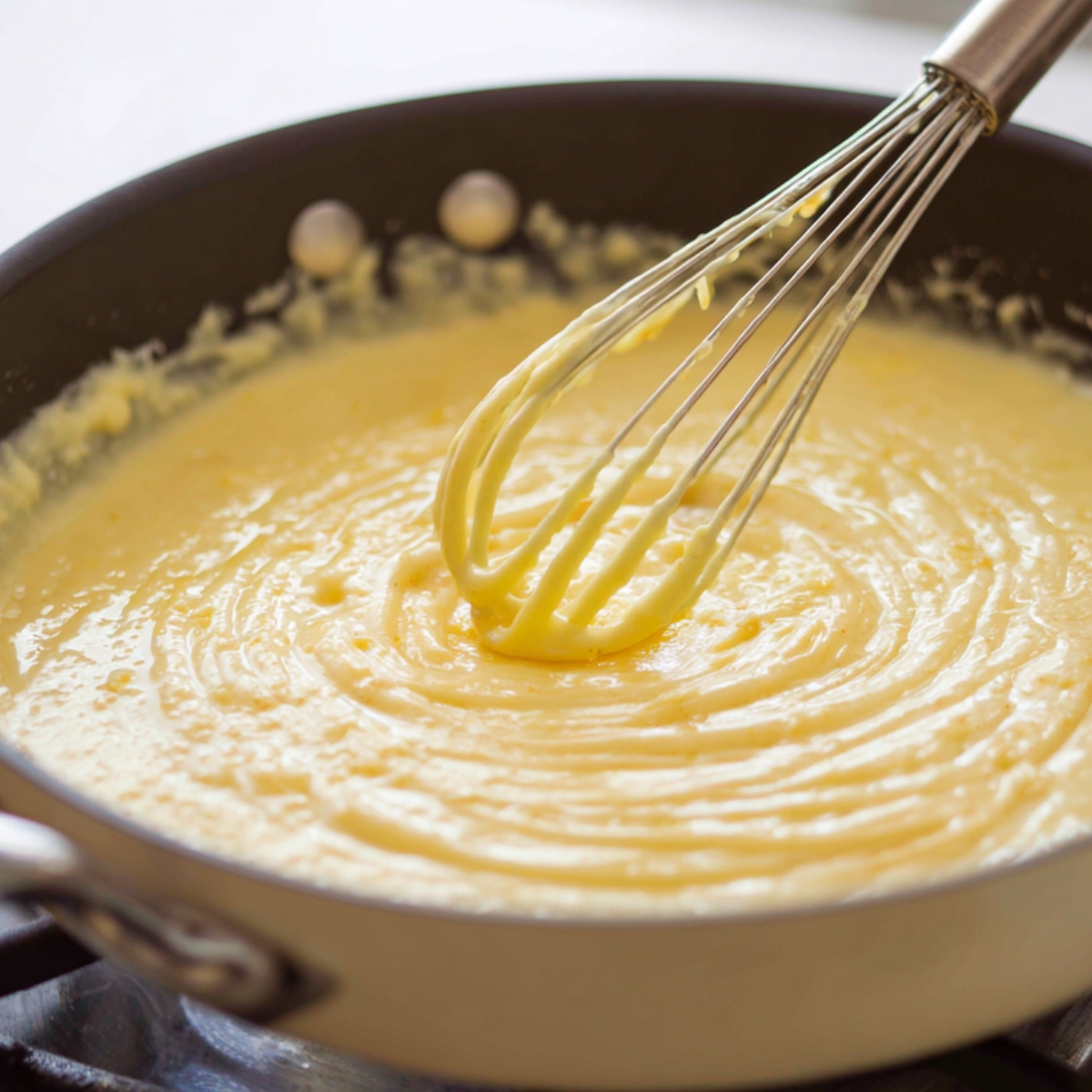 “Creamy cheese sauce being whisked in a pan, showing a smooth and rich texture.”