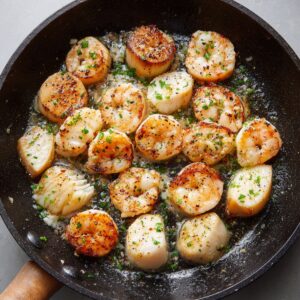 Pan-seared shrimp and scallops in a skillet with garlic butter sauce, garnished with chopped parsley.