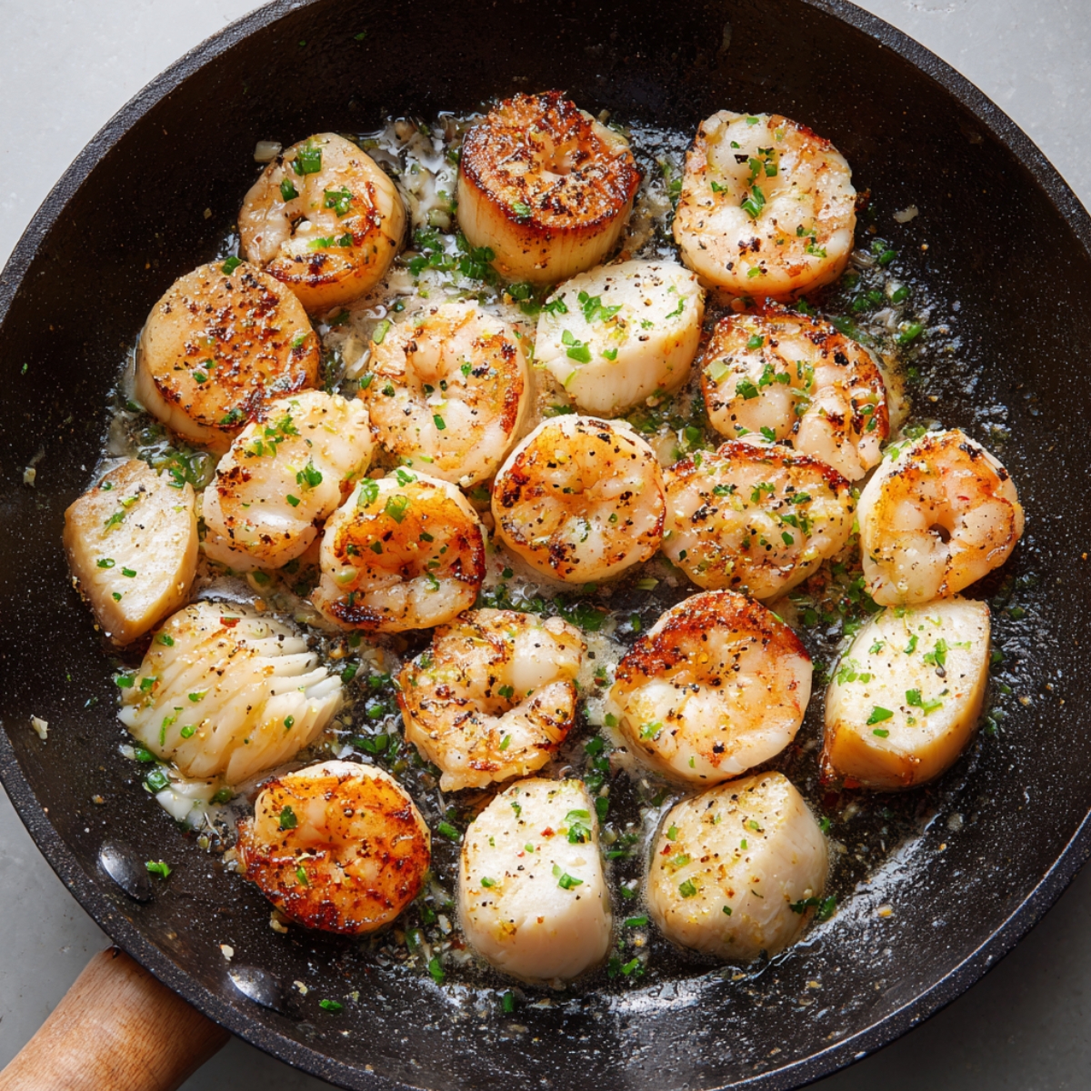 Pan-seared shrimp and scallops in a skillet with garlic butter sauce, garnished with chopped parsley.”
