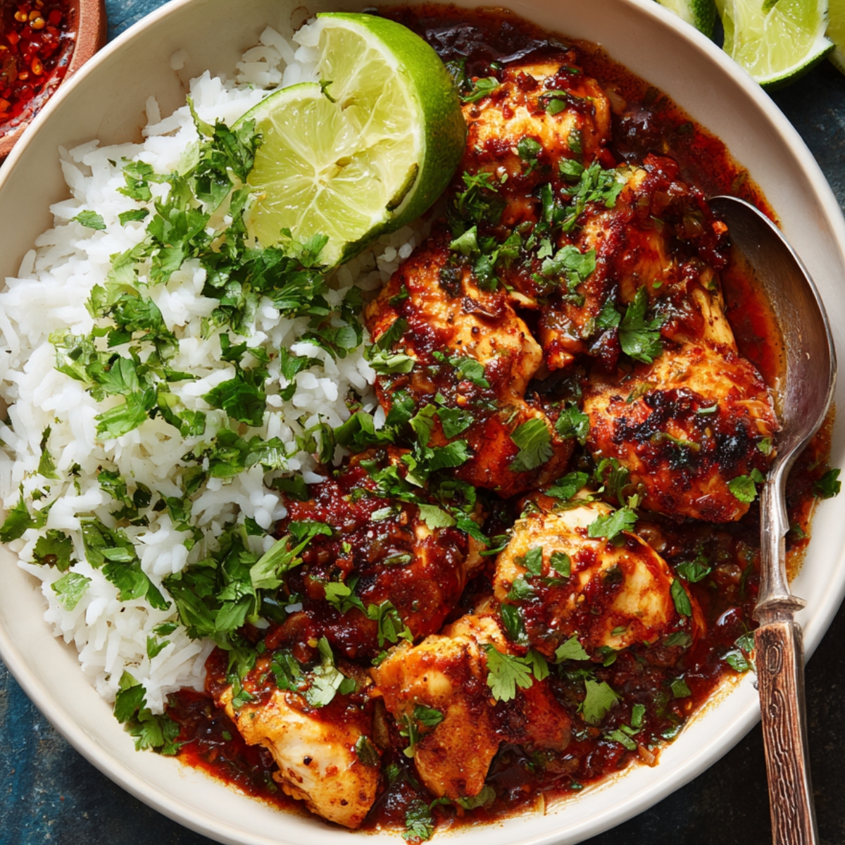 A bowl of spicy chicken in a rich red sauce served with white rice and garnished with fresh chopped cilantro and a lime wedge.