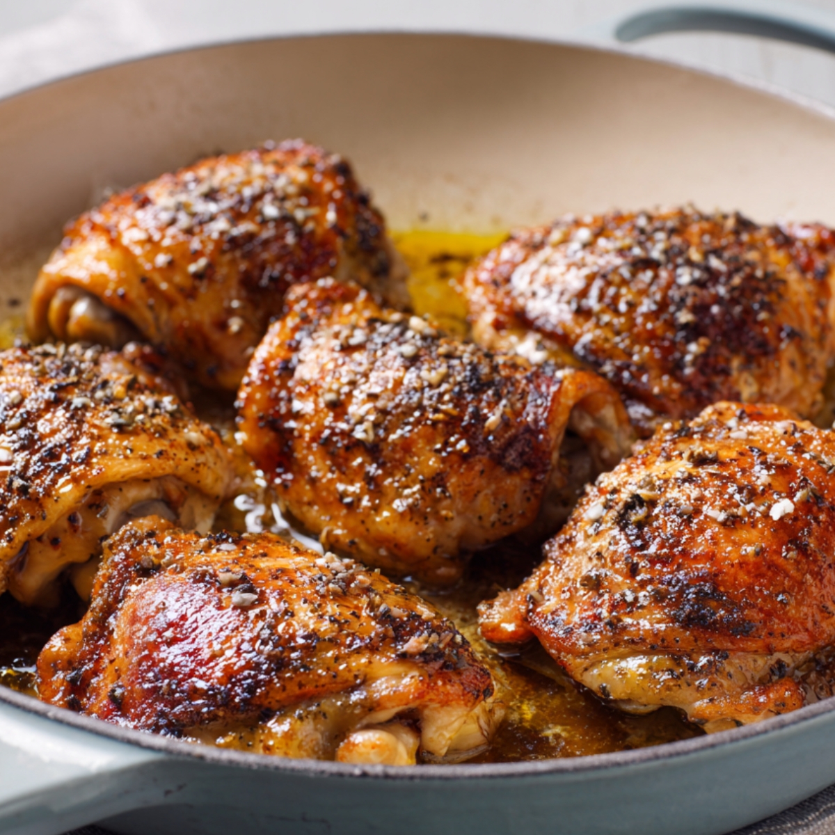 Crispy, golden-brown chicken thighs seared in a pan, glistening with oil and sprinkled with coarse black pepper and salt.