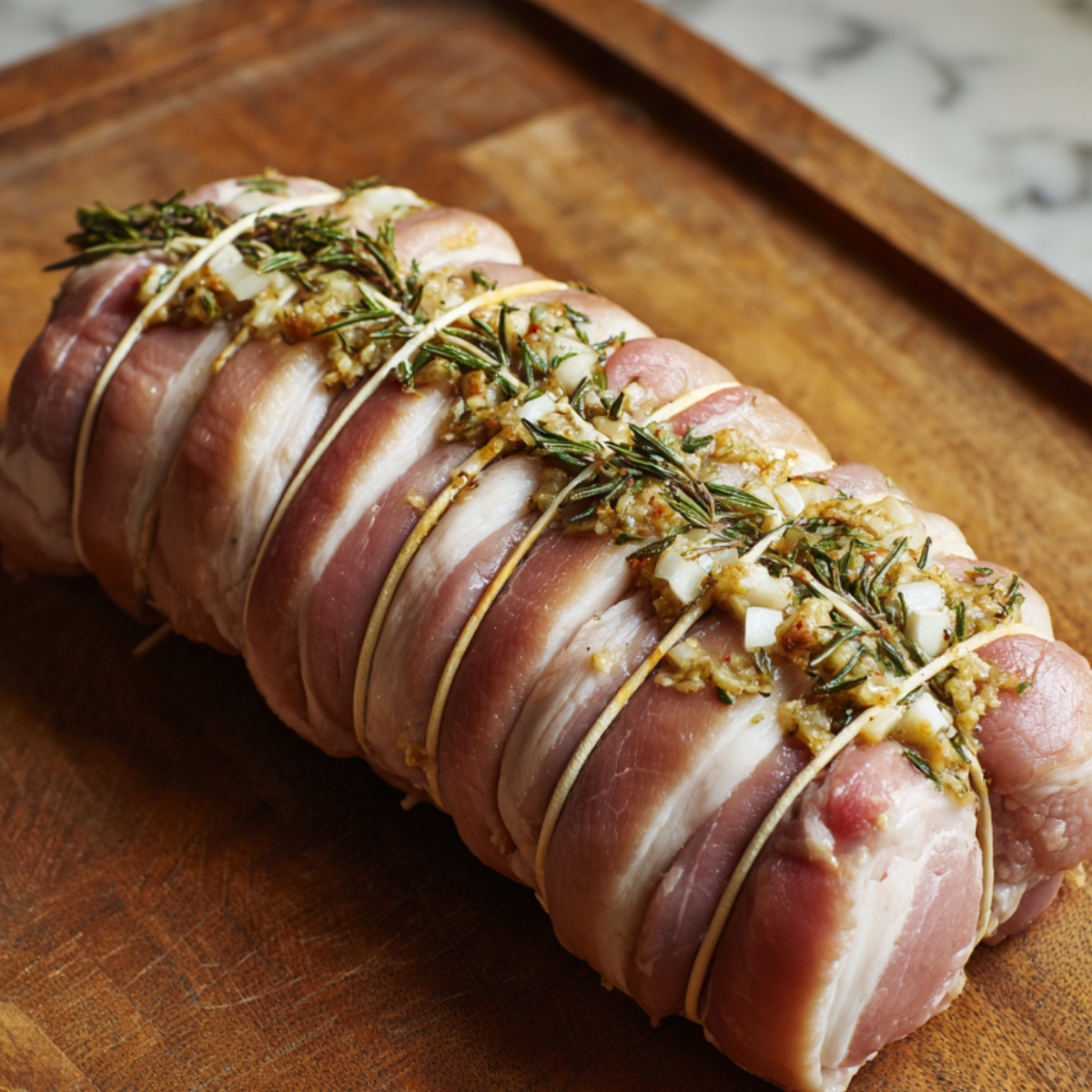 “Uncooked stuffed pork roast tied with kitchen twine, seasoned with garlic, herbs, and fresh rosemary on a wooden board.”