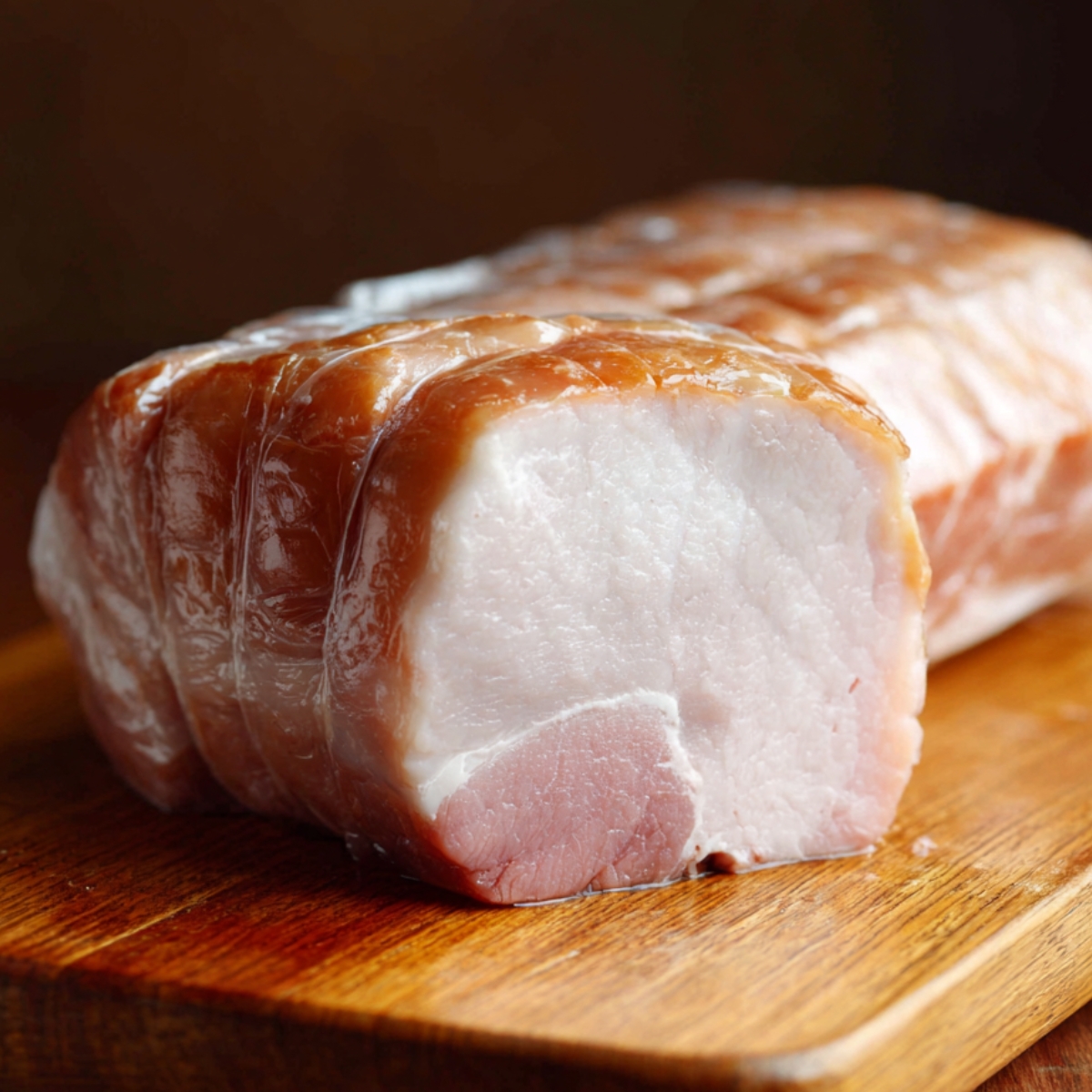 “Cooked pork roast resting on a wooden board, showing a tender, juicy interior with a golden-brown crust.”