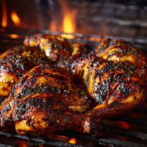 uicy grilled chicken pieces sizzling over open flames on a barbecue grill, with char marks and caramelized seasoning visible.
