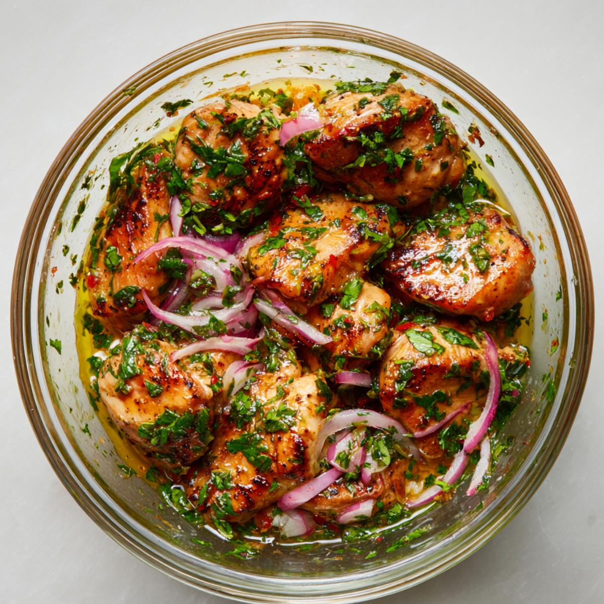 Glazed grilled chicken topped with sliced green onions, served with fresh cucumber and chili garnishes on a ceramic plate.